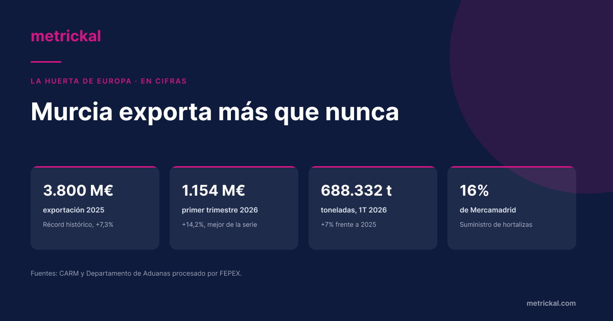 Exportación hortofrutícola de la Región de Murcia: 3.800 millones en 2025, 1.154 millones en el primer trimestre de 2026 y 688.332 toneladas